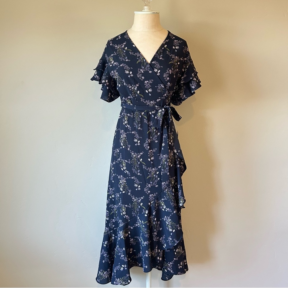 Max Studio Navy Floral Wrap Dress